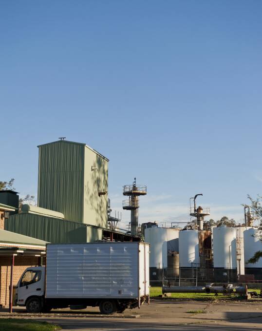 TRUCKS, TANKS AND TUBES: View of the Truegain and Australian Waste Oil Refineries business at Rutherford, which closed suddenly last week. Picture: Perry Duffin.