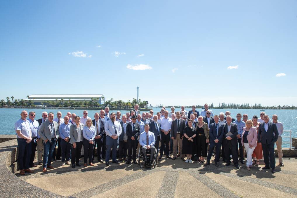 A delegation from the Country Mayors Association of NSW, with Port of Newcastle CEO Craig Carmody, centre, in white shirt. The association, representing 79 local government areas, is strongly supporting Newcastle's push for a container terminal. Picture by Marina Neil