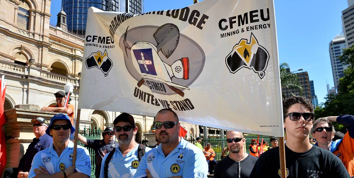 NOT AGAIN: Queensland mineworkers at a CFMEU protest against black lung, which took place in April last  year in Brisbane. At least 15 cases have been diagnosed in Queensland since May 2015. Picture: Bradley Kanaris/Fairfax Media.