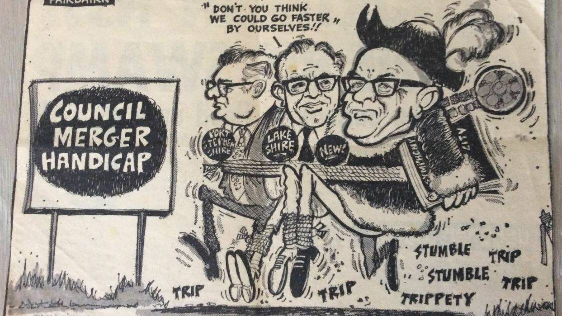MARATHON: Newcastle Herald cartoon from the 1970s on council mergers, showing the timeless nature of state government efforts to change the local government sector