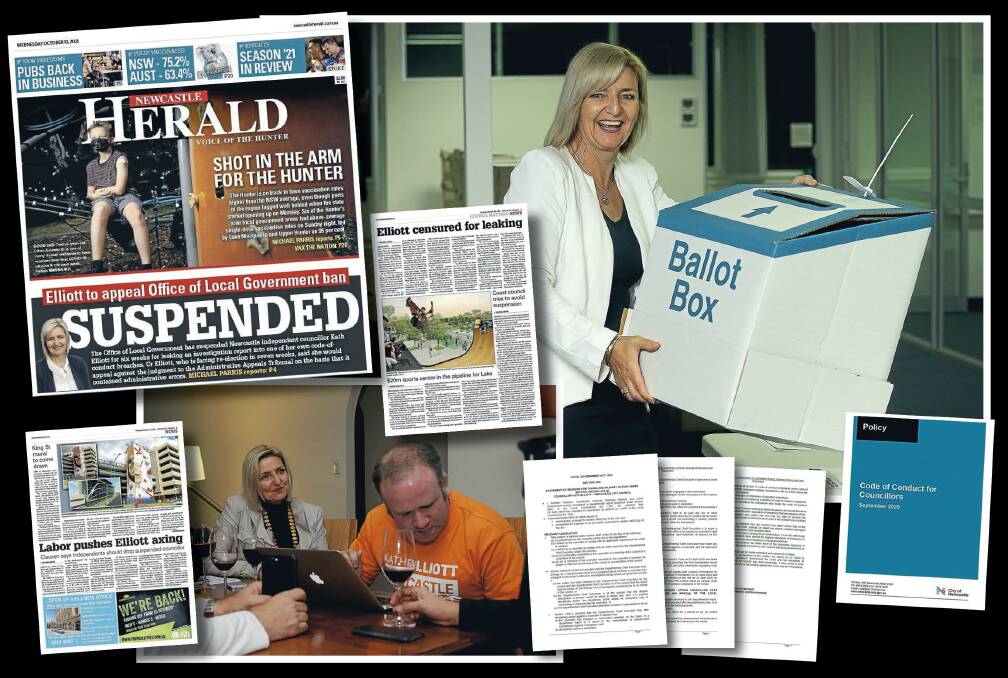 DECODING: Cr Kath Elliott (and, in orange, campaign volunteer Nathan Errington) with recent Herald coverage about the code, in blue, and the three-page statement released this week by the Office of Local Government announcing her suspension.