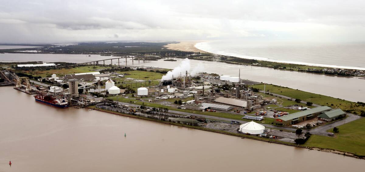 TRANSITION SITE: Aerial view of the south-eastern tip of Kooragang Island - the Walsh Point end - with the Orica plant in the centre of the photo. Orica and Origin Energy have announced a feasibility study into the practicality of a green hydrogen plant to initially provide fuel to Orica, with the potential after expansion to export the fuel. Picture: Darren Pateman