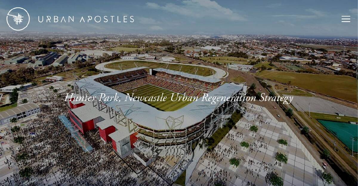 STRANGELY FAMILIAR: McDonald Jones Stadium with the grass hills at either end filled in with grandstands, as envisaged by consultants to the Broadmeadow precinct project, Urban Apostles.