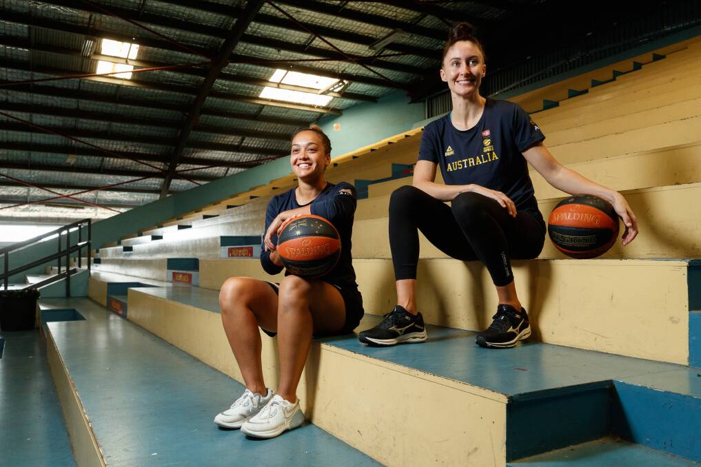 Newcastle basketball players Leilani Mitchell and Katie Ebzery back in town earlier this year at Newcastle Basketball Stadium. Picture Max Mason-Hubers 