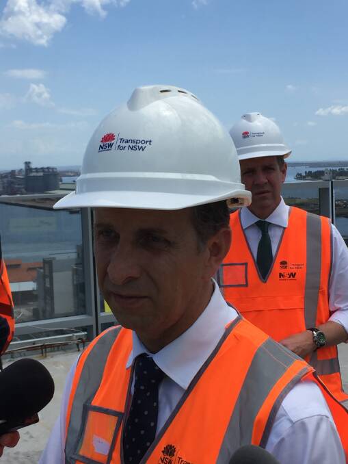 Transport Minister Andrew Constance and Premier Mike Baird at the University of Newcastle New Space building on Monday.