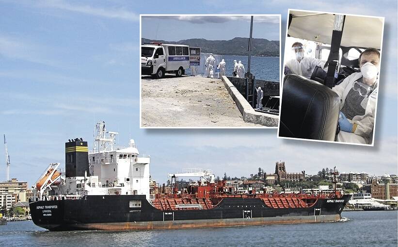 CAUTION: The Asphalt Transporter in Newcastle recently, with Captain Alexander Solodyannikov, and his waiting ambulance, in the Philippines. Insets from Russian Embassy in the Philippines. Main photo: Richard O'Connor 