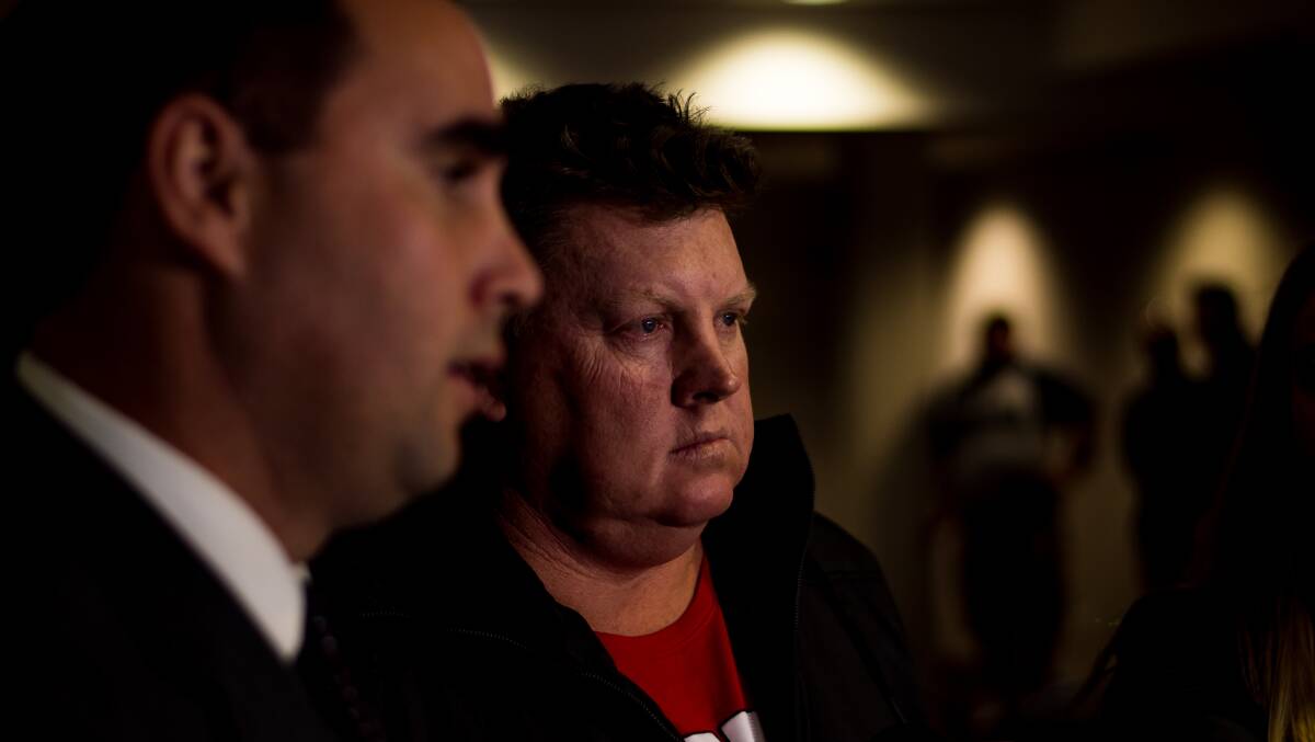 Adero lawyer Rory Markham with former Mount Arthur mine worker Simon Turner when the Adero class action was launched in June last year. Picture: Simon McCarthy