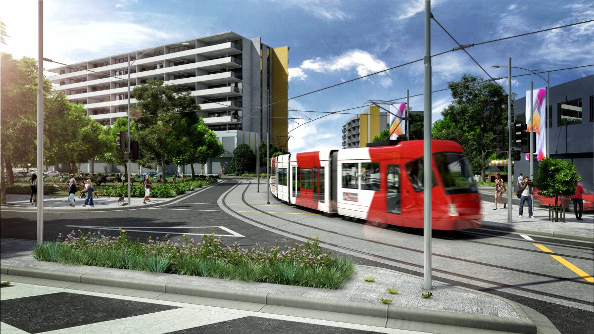BIG CHANGES: Artist's impression of light rail turning into Hunter Street, Newcastle, from Worth Place.