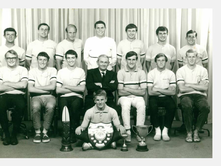  CLUB KINGS: Merewether team and committee of 1967. Jim McInnes is far right at the rear, with the bruised forehead from his big wipeout. Picture: Merewether Surfboard Club