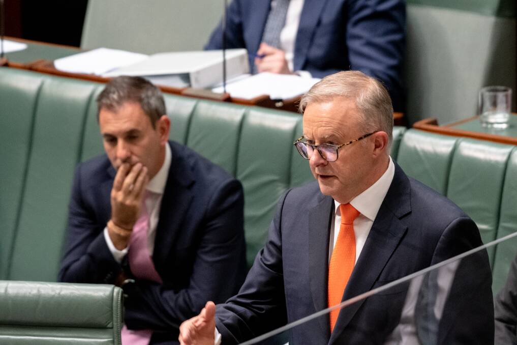 Prime Minister Anthony Albanese during question time on Wednesday with Treasurer Jim Chalmers. Big mining and gas profits alongside high household and industry energy bills are a political problem. Picture by Elesa Kurtz