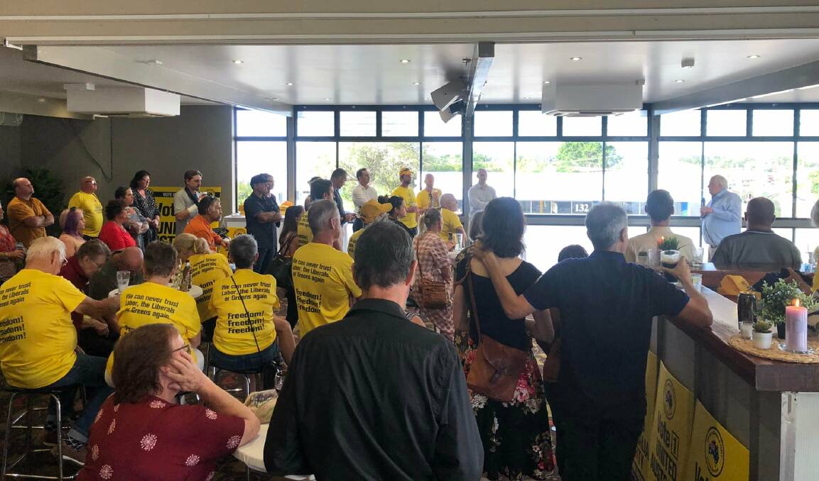 HEY BIG SPENDER: Clive Palmer, with microphone in hand at the rear right of this photo, makes no secret of the millions he has ploughed into promoting his party for Canberra. He spent $60 million in 2019 without result and is said to have spent $70 million this time. Will he move the needle? Picture: Clive Palmer Facebook