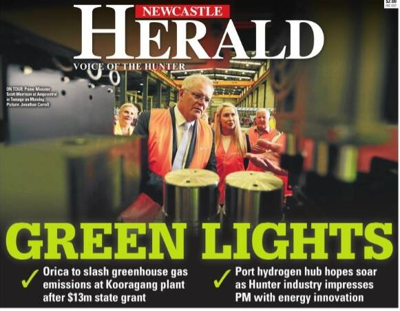 FLASHBACKL The Herald's front page of November 9 last year, unveiling this Orica project and a federal $1.5 million hydrogen hub grant for the Port of Newcastle.