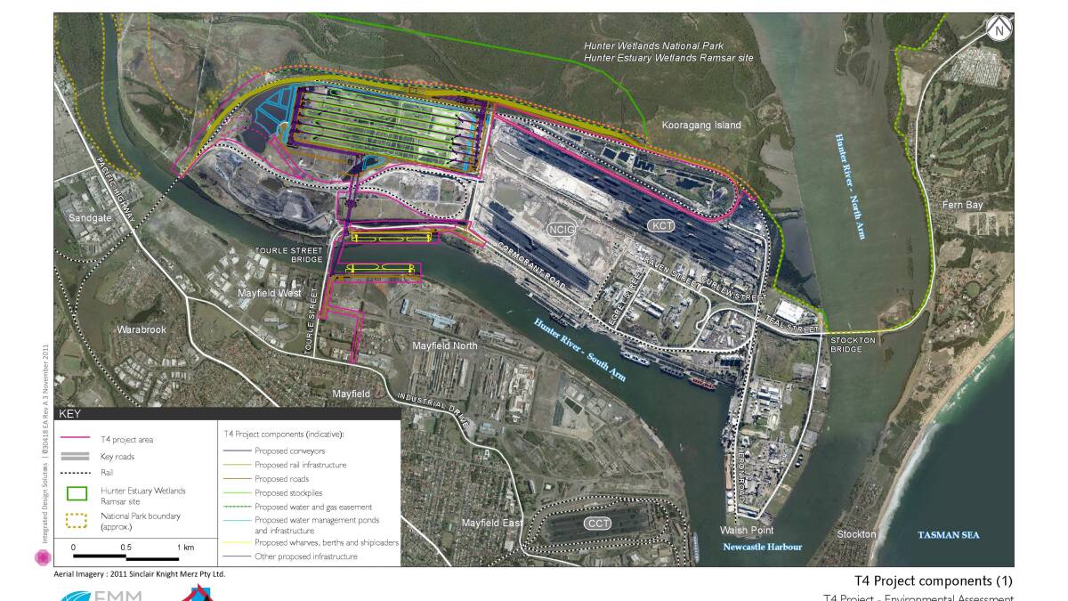 Original 2012 image of T4 from its environmental assessment. T4 is inside the pink boundary, west of the NCIG loader and from PWCS's existing Kooragang operation.