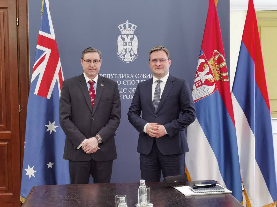 Serbian Minister of Foreign Affairs, Nikola Selakovic and Australian Ambassador to Serbia Daniel Emery. Picture: Consulate General to the Republic of Serbia