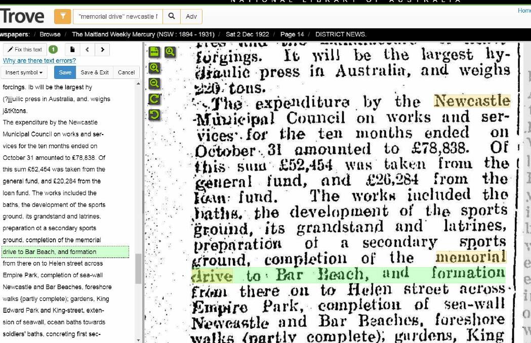 The 1922 Maitland Weekly Mercury report noting that Memorial Drive, Bar Beach, had been completed.