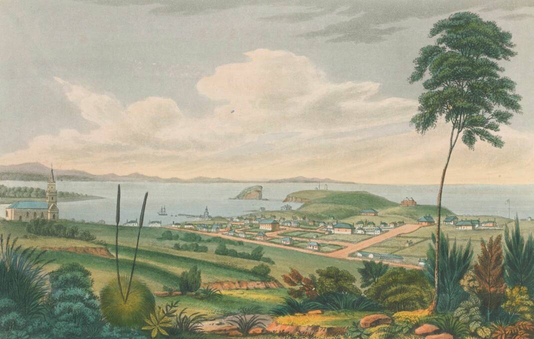 Iconic circa 1824 view of early King's Town by convict artist Joseph Lycett, showing Whibayganba, then renamed Coal Island.