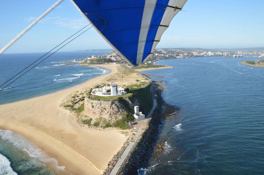 NOT WHAT IT WAS: 2016 hang-glider view of Nobbys, with The Spit just out of shot on the left hand side. Remember, Nobbys was an island, and so much of that sand, deposited by the predominant southerly swell, would have ended up at Stockton.
