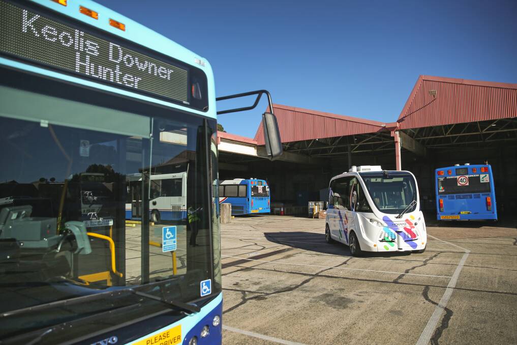 A 2019 file photo of Keolis Downer's Hamilton bus depot, including a driverless vehicle being trialled at the time.