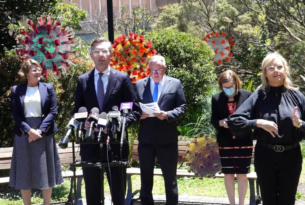 HORROR MOVIE: Premier Dominic Perrottet telling us all to take responsibility on Wednesday. Dr Kerry Chant wisely keeps a mask on, perhaps realising the Herald's special photo filters would detect COVID. Picture: NSW Health, with Digital Mischief