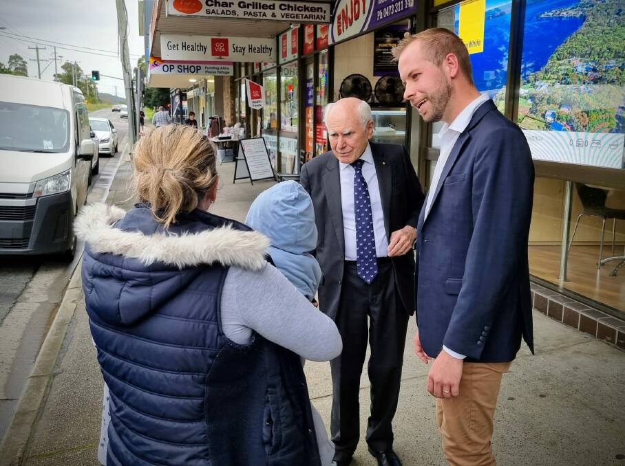 FAMILIAR FACE: Former prime minister John Howard in Toronto, giving Nationals hopeful James Thomson a hand in a rare show of cross-party Coalition support. Picture: Courtesy James Thomson - Nationals for Hunter Facebook