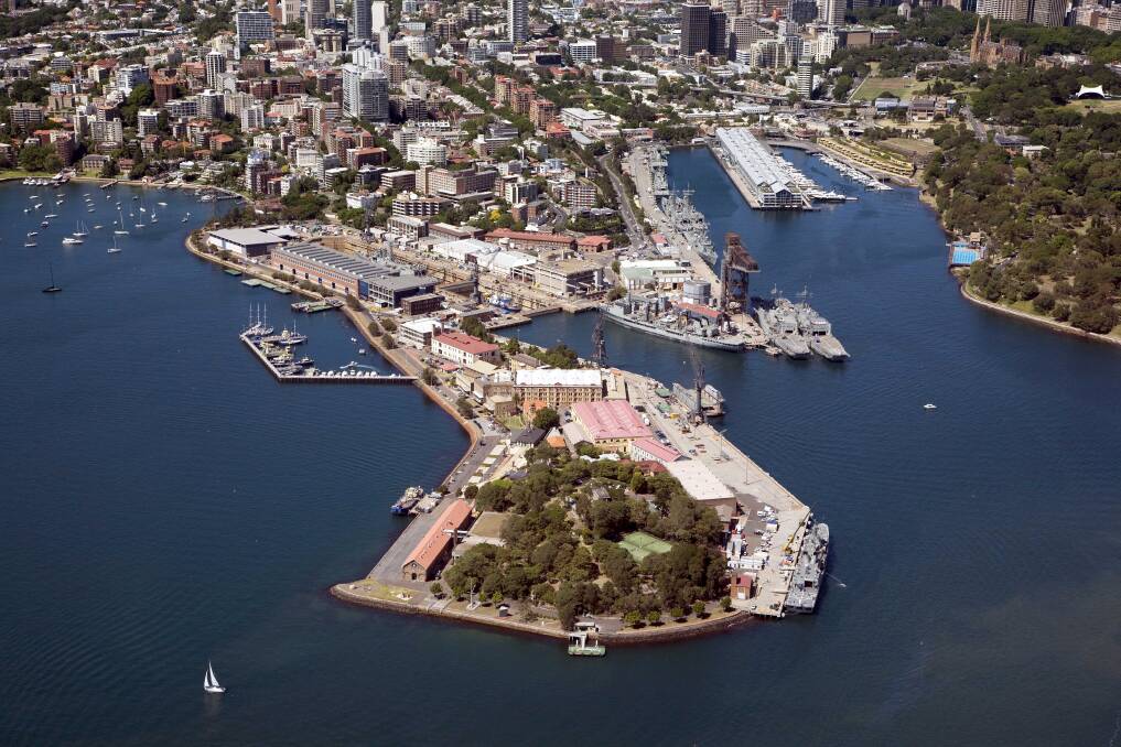 PRICEY PROPERTY: Looking south across Sydney Harbour to Garden Island in the foreground and HMAS Kuttabul behind the docks halfway down the peninsula. The greenery to the right is part of Royal Botanical Gardens and the Art Gallery of NSW, with Macquarie Street and state parliament a little over one kilometre away. Senator Rex Patrick says this is the navy's preferred nuclear submarine base option.
