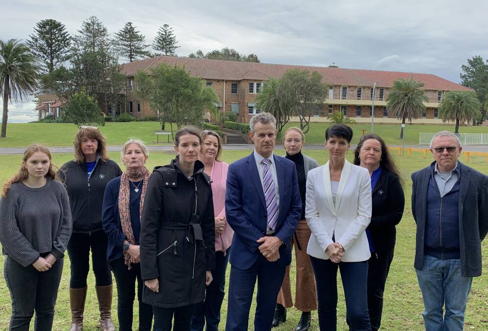 SHELTER FROM THE STORM: Labor parliamentarians Rose Jackson, Tim Crakanthrop and Kate Washington, with representatives of Jenny's Place, Nova for Women and Children and Hunter Tenants, at the Stockton Centre today. Picture: Simone De Peak