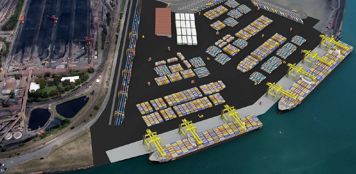 Port of Newcastle artwork for the proposed Newcastle Deepwater Container Terminal, with the stockpiles of the existing Carrington Coal Terminal to the left of the image. 