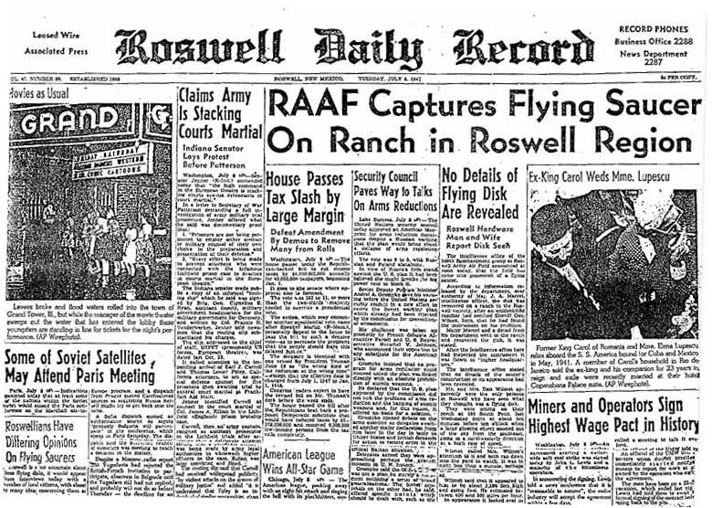 The front page of the Roswell Daily Record, the day it reported the capture of a flying saucer. The military soon changed its story, and insisted it was a weather balloon.