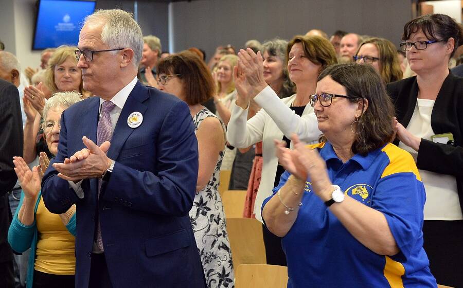 Prime minister at the time Malcolm Turnbull alongside Leonie Sheedy of Care Leavers Australasia Network (CLAN) at the final sitting of the royal commission in 2017.