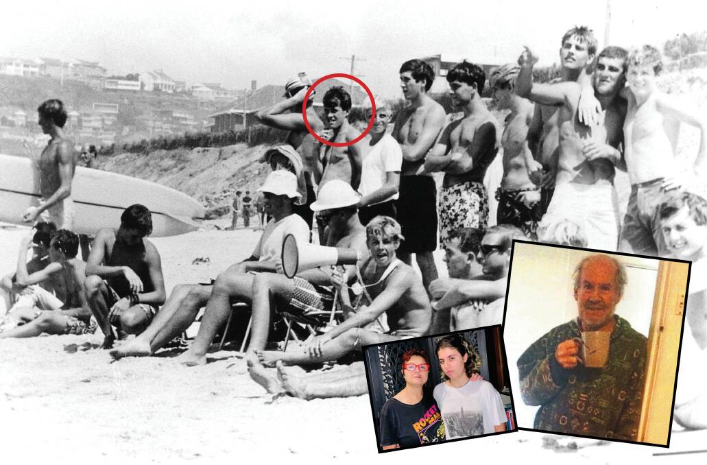 SANDS OF TIME: Merewether beach mid-1960s. Accomplished Merewether surfer Peter Thompson is standing with his board. Jim McInnes is circled in red. The insets are of Jim McInnes more recently, and of his good friends Julie Rogers and her daughter Zearna, photographed yesterday. 