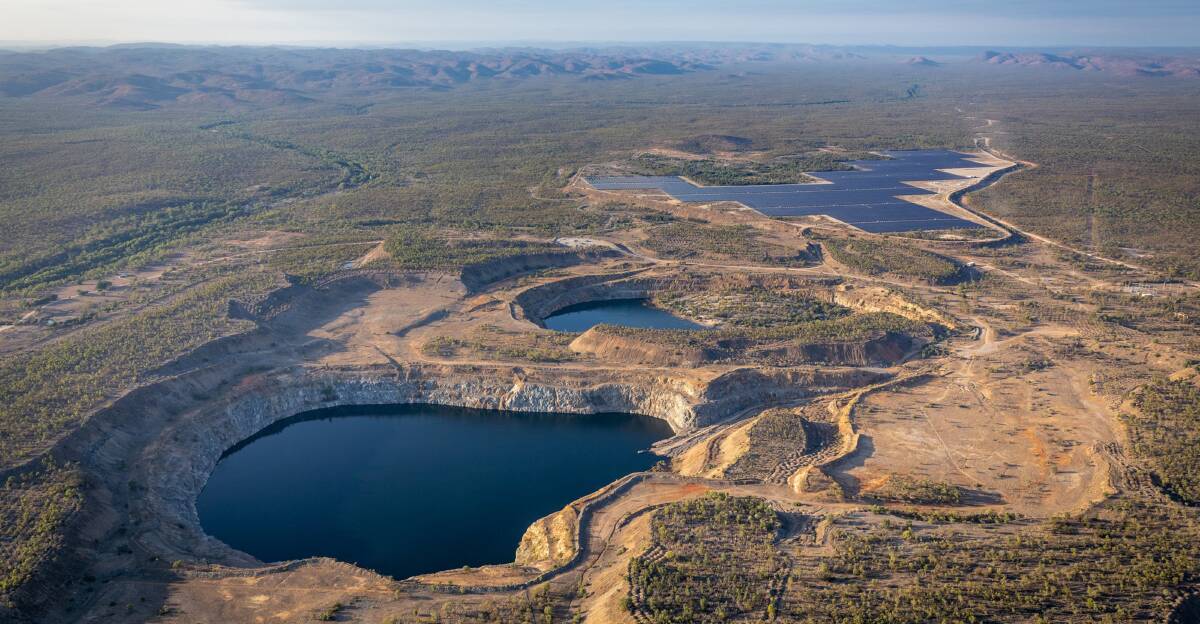 ROLE MODEL: The Kidston Clean Energy Hub at the former Kidston gold mine 280km inland from Townsville. A 50MW solar farm is on the grid and the two water-filled mine voids are the basis of a planned 270MW pumped hydro system.