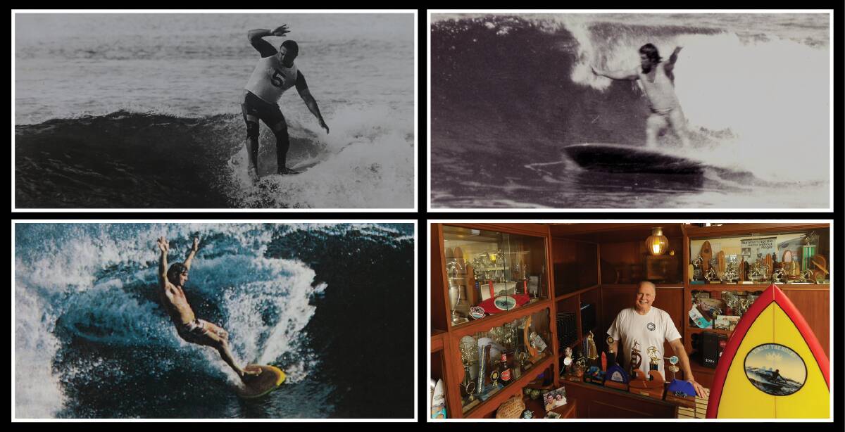 RADICAL ROGER: Clockwise from top left, he is noseriding at Crescent Head in the national longboarding titles in 1992, gouging a bottom turn in competition in 1977, styling at 'Aussie Pipe' on the South Coast in the '70s and at home in Hamilton South in 2017.