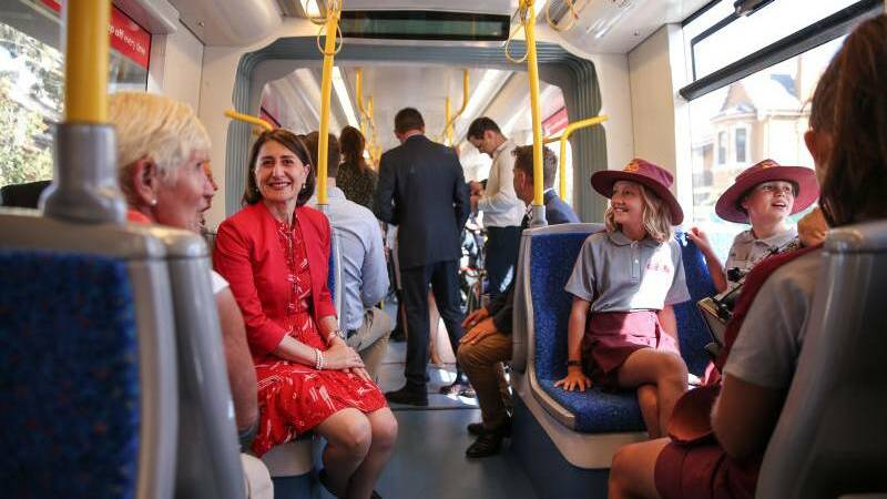 NO TICKET REQUIRED: Gladys Berejiklian, premier at the time, on the opening day of the Newcastle Light rail in February 2019. She and transport minister Andrew Constance declared the service would attract 'unbelievable' numbers of passengers. I'm not sure they specified the numbers would be unbelievably large . . . because they haven't been.