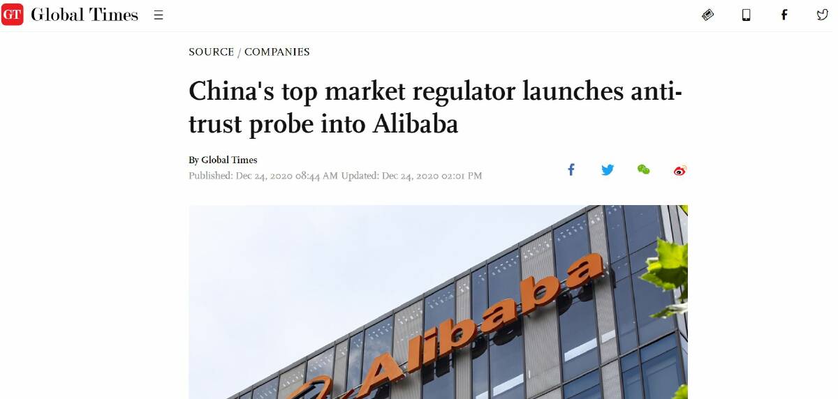 ALERT: A screenshot of the Global Times December 24 article confirming an investigation into Alibaba. Courtesy: Global Times