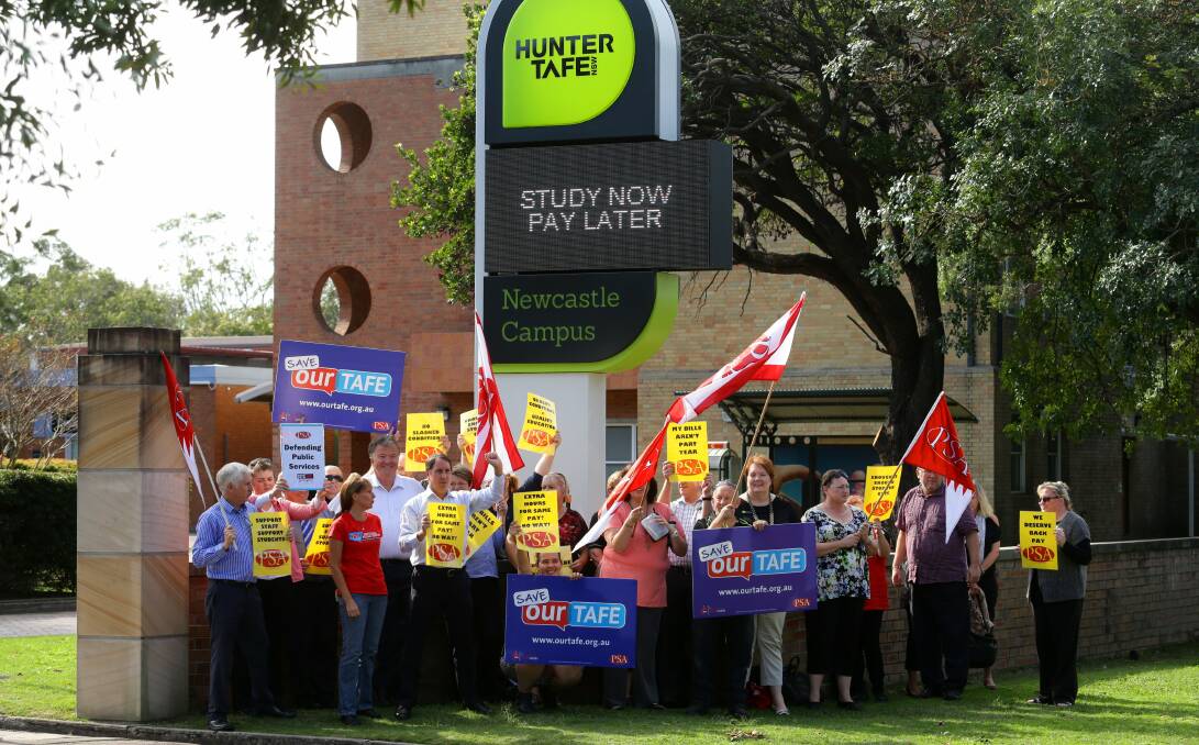 FAIR GO: TAFE workers protest against state government proposals they say will hurt their pay and conditions outside the Tighes Hill campus on Thursday. Picture: Simone De Peak