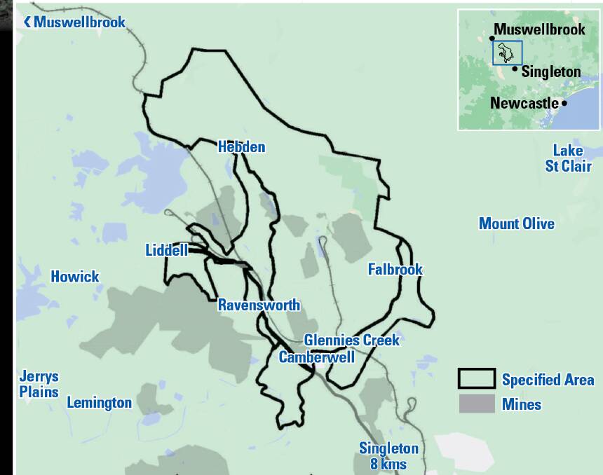A map of the area between Singleton and Muswellbrook, marked in black, that is the subject of a federal Aboriginal heritage claim.