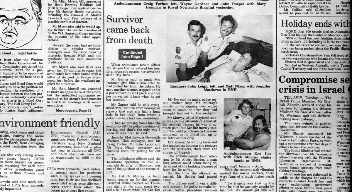 THE WEEK AFTER: A cutting from the Herald of Wednesday, January 3, 1990, six days Jennifer Matthews was trapped in the workers club. Other people featured in the page one article included Norm Duffy, Mary Ironman and Patrick 'Rick the Roadie' Murray