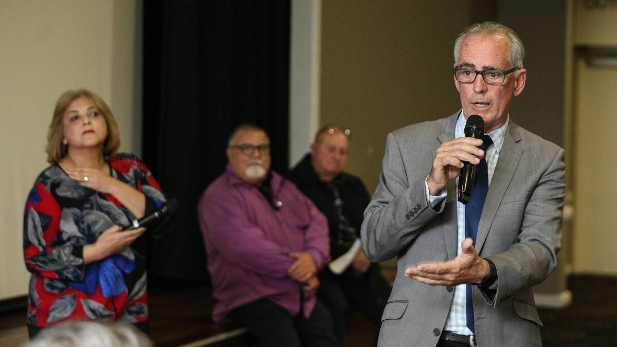 Lake Macquarie MP Greg Piper (Independent) speaking at a recent Pasminco contamination public meeting. Picture: Marina Neil