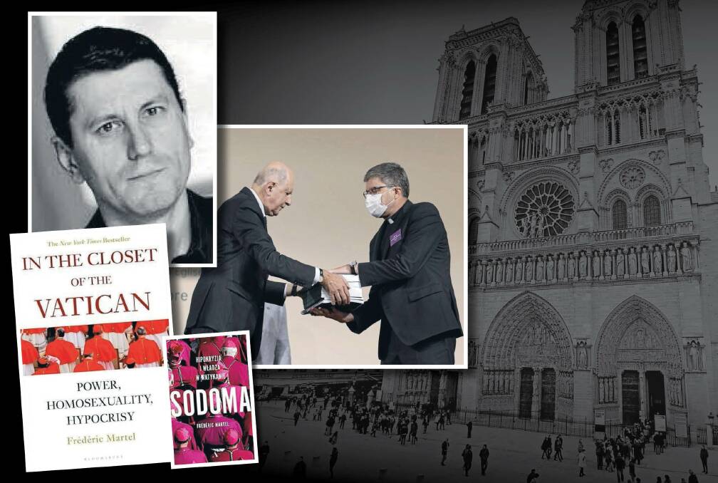 CATHOLIC CRISIS CONTINUED: French cathedrals such as Notre Dame, pictured, draw tourists and believers alike. Insets: investigative commission president Jean-Marc Sauve hands Bishop Eric de Moulin-Beaufort the report; author Frederic Martel and his book.