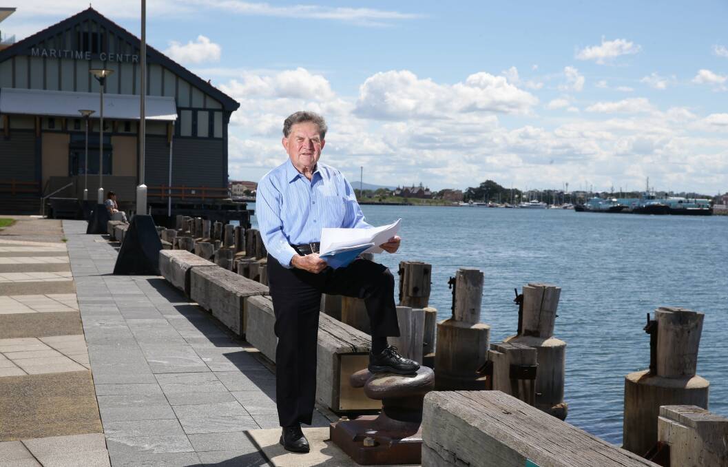 FUNDING PLEA: Museum stalwart and former federal MP Peter Morris in 2014 with plans for the wharf in front of the building that that the museum and its supporters had wanted to see built from the very start. Picture: Ryan Osland