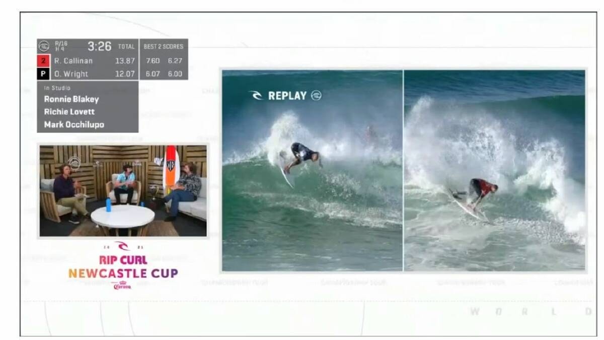 Owen Wright in black and Ryan Callinan in red. Picture: WSL screenshot