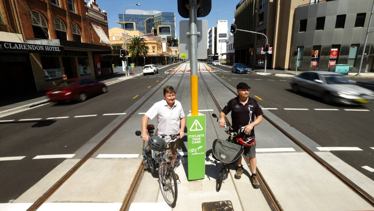 Bernard Hockings and Sam Reich, concerned about the safety of cyclists in the newly rejuvenated Newcastle CBD. Picture: Jonathan Carroll