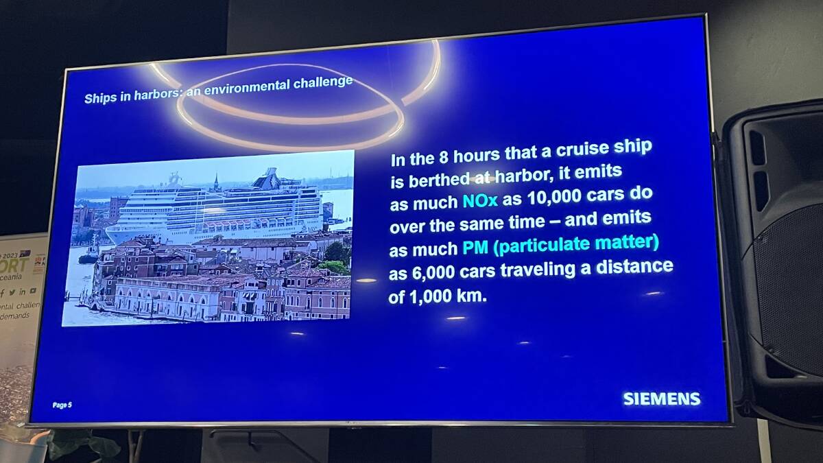 One of the slides accompanying Teresa Lloyd's address, describing the pollution impact of cruise vessels - an impact Ms Lloyd said the industry was working hard to ameliorate. Picture by Ian Kirkwood