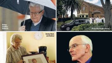 DIFFERING PERSPECTIVES: Clockwise from top left, Bishop Geoffrey Robinson, a scene from Wednesday's funeral, Bishop Bill Wright and Audrey Nash with a photo of son Andrew.