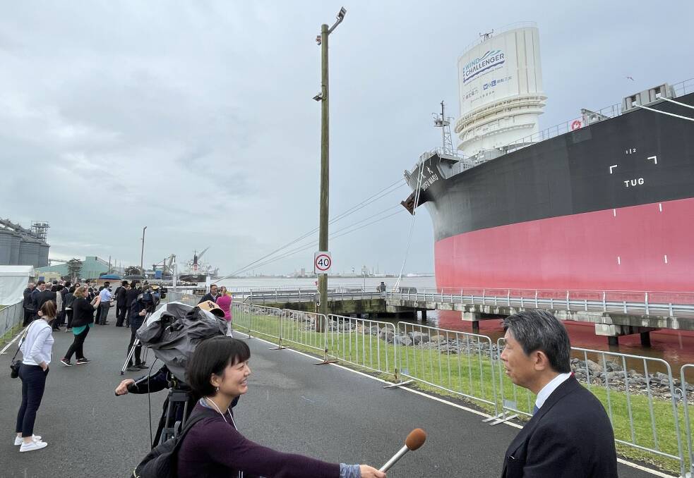 Japanese media on the job at the Channel Berth, Carrington, with the Shofu Maru sail closed to its smallest size. It was later opened for display. Picture by Ian Kirkwood
