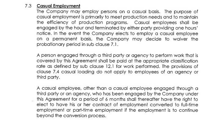 NO LOADING: The relevant section of the Downer Cardiff Rail Facility Enterprise Agreement 2017-2021 that says the 'casual loading' does not apply to 'employees of an agency or third party', which the AMWU says meant labour hire casuals lost their 25 per cent loading. Downer says Clause 12.1 provides compensating rates.