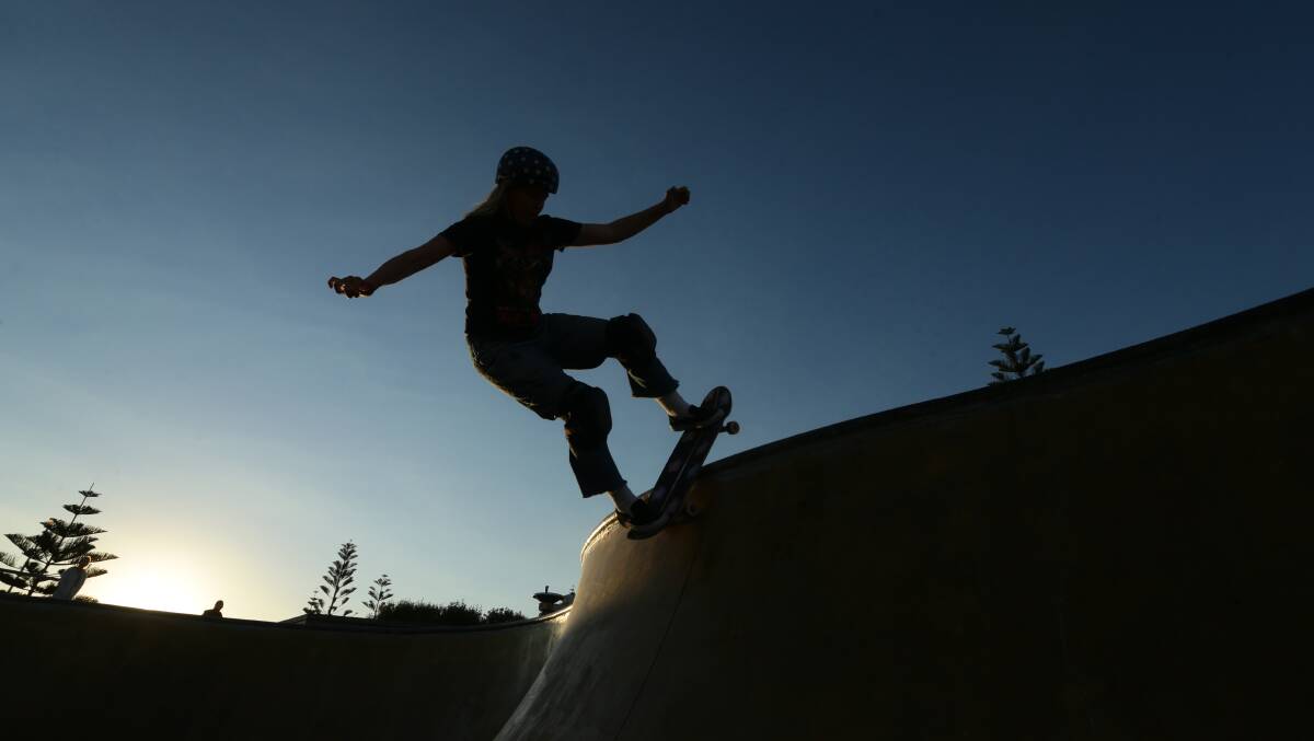 Newcastle skateboarder Poppy Olsen at Bar Beach skate bowl. Picture: Jonathan Carroll