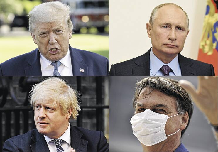  THE STRONGMEN: Top: Donald Trump, Vladimir Putin. Bottom: Boris Johnson, Jair Bolsonaro.