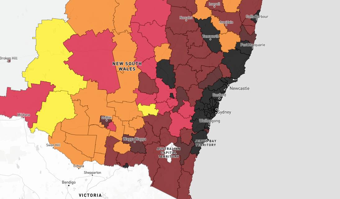 COASTAL HEAT: Yesterday's NSW Health COVID heat map. Yellow 1-9 active cases, orange 10-49, pink 50-99, scarlet 100-499, dark brown 500-999 and black, 1000 and over. Cases are regarded as "active" from 14 days of onset of symptoms or until discharge from hospital. Source: nsw.gov.au/covid-19