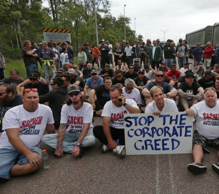 SIT IN: The protest last week at Tomago Aluminium in support of sacked crew of CSL Melbourne. Picture: Simone De Peak